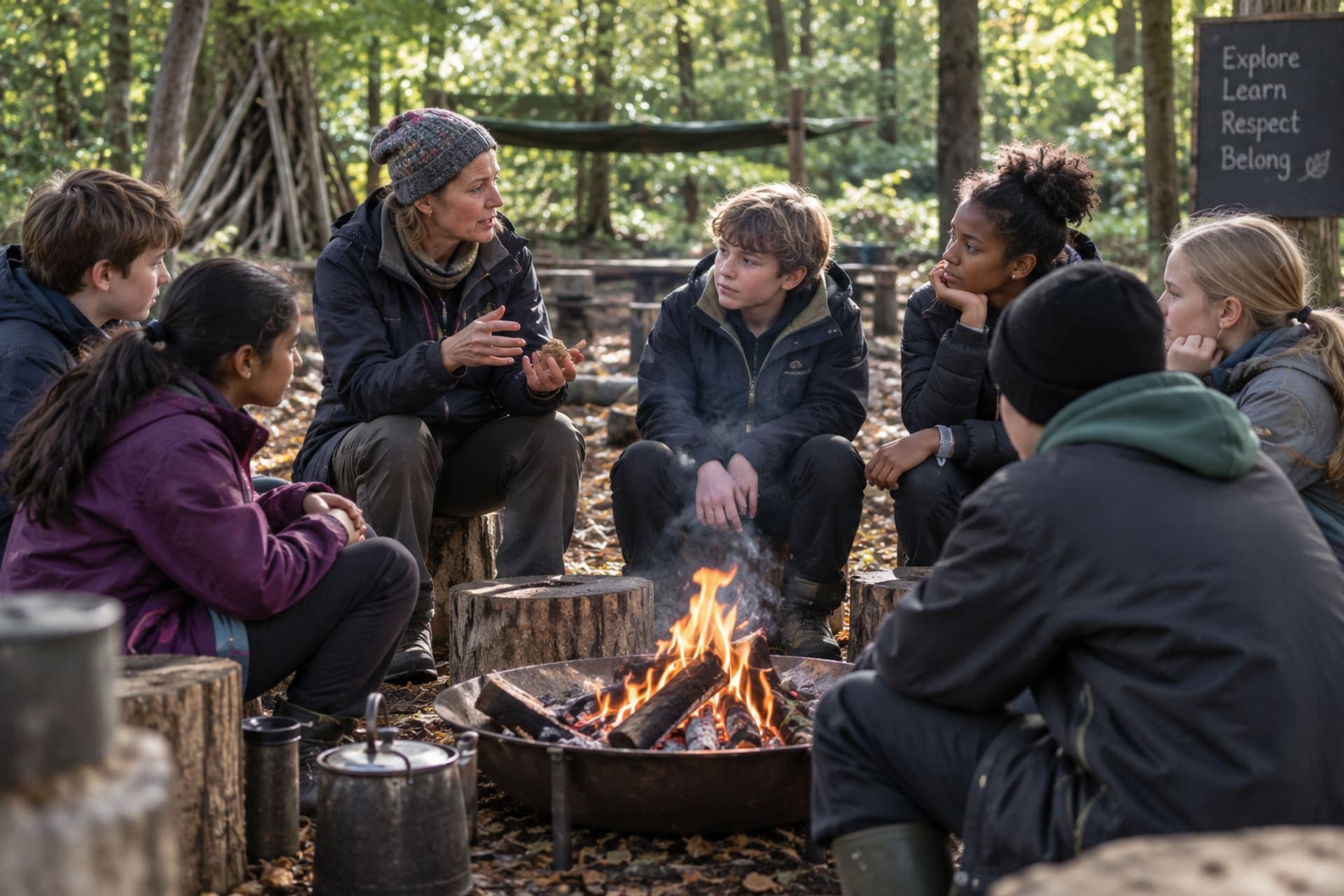 A Forest School leader talking with a circle of children around a campfire in autumn woodland