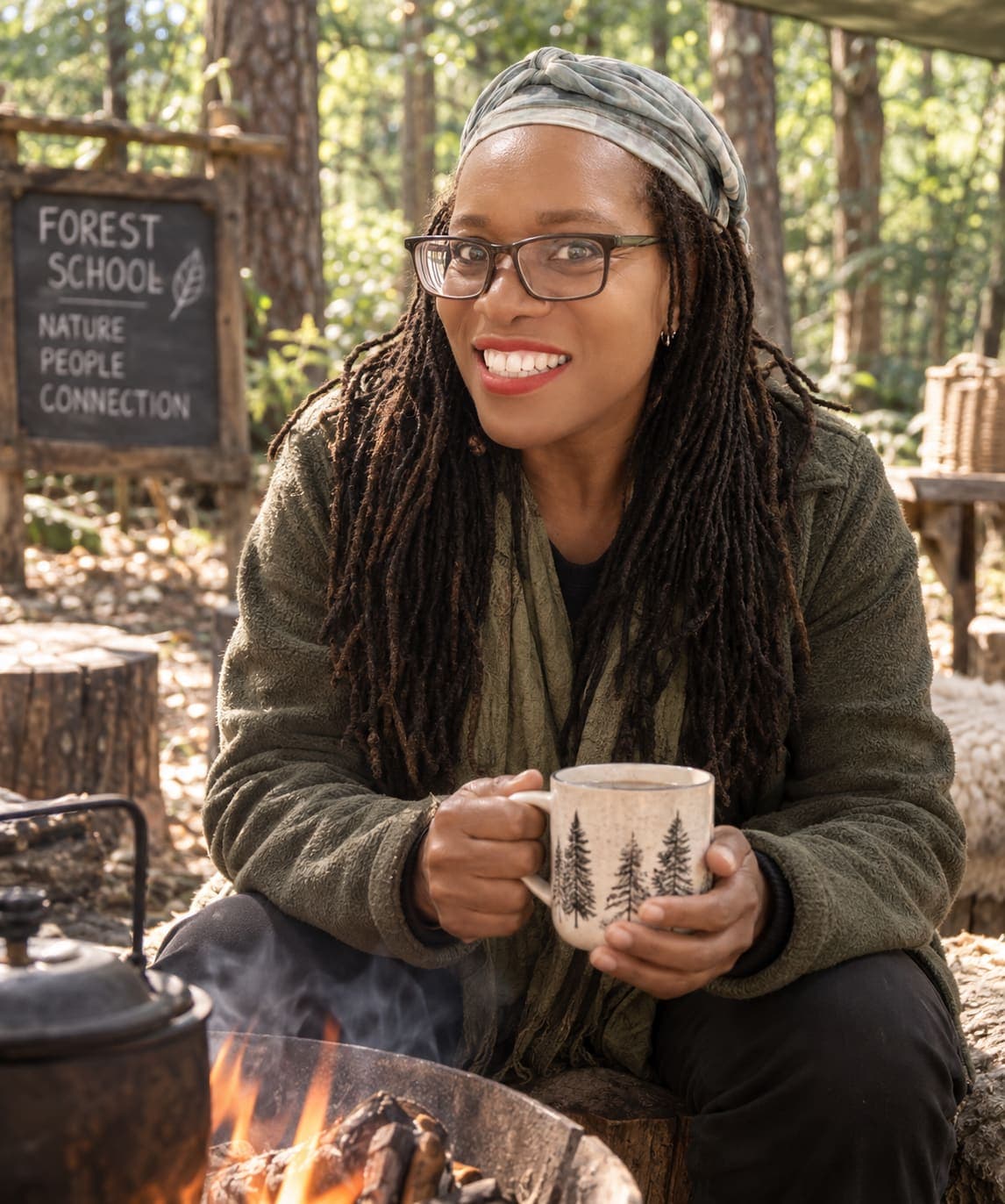 Jennifer Graham smiling by the fire with a mug of tea, a Forest School chalkboard behind her