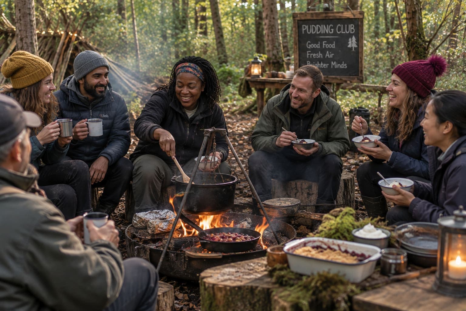 Adults sitting round a campfire in the woods eating pudding from enamel bowls, a Pudding Club sign behind them